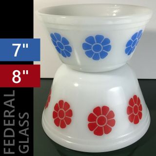 Rare Daisy Federal Glass Red 8 ",  Blue 7 " Nesting Mixing Bowl Set Wow