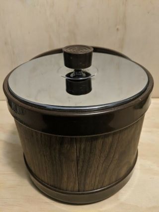 Vintage Atapco Ice Bucket Faux Wood Chrome Lid Mid Century Modern Barware 8 "
