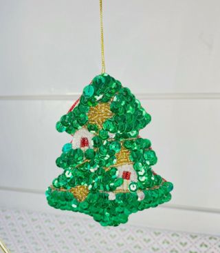 Vintage Sequin Hand Beaded Christmas Tree Ornament 4” / 01