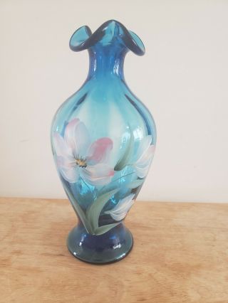 Fenton Cobalt Blue Hand Painted & Signed Vase
