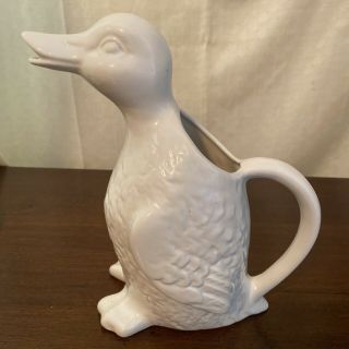 Vintage White Ceramic Duck - Shaped Pitcher Usa 9.  5 " Tall