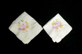 Set Of 2 Vintage White Hand Embroidered Floral Napkins Linen Square Handkerchief