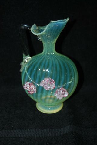 Victorian Vaseline Opalescent Stripe Applied Flower Ewer Vase 1880 