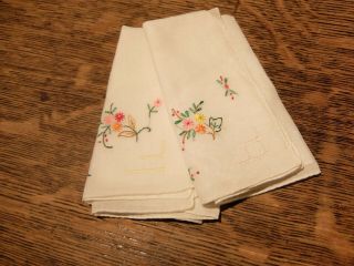 Vintage White Linen Hand Embroidered Hankercheifs X 2 With Handrolled Edge