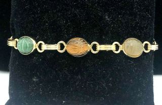 Vintage Gold Tone Semi - Precious Stone Carved Scarab Bracelet
