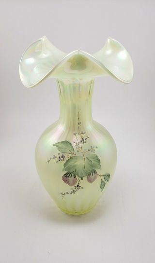 Fenton Topaz Iridescent Rib Optic Carnival Glass Hand Painted Vase Qvc