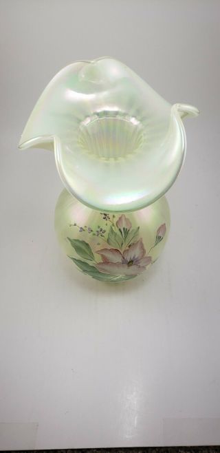 Fenton Topaz Iridescent Rib Optic Carnival Glass Hand Painted Vase QVC 2