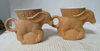 2 Frankoma Pottery 1980 Democrat Donkey Terra Cotta Political Mug / Cup