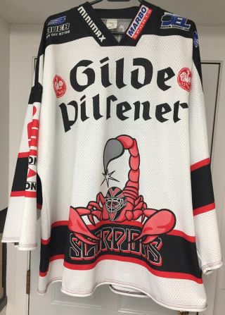 Vintage 1997 - 98 Hannover Scorpions Del Playoff Hockey Goalie Jersey W/ Band Font