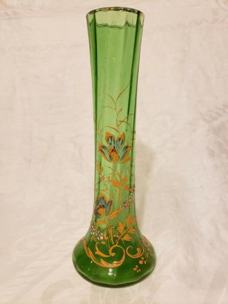 Victorian Era Bohemian Green Glass Faceted Vase 8 " Enamel Hand Painted Lovely