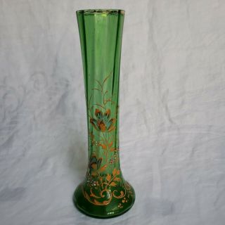 Victorian Era Bohemian Green Glass Faceted Vase 8 