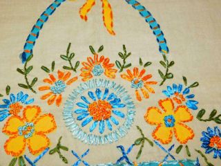 Vintage Completed Tinted Stamped For Embroidery Linen Pillow Top Flower Basket