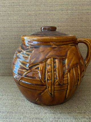 Vintage Mccoy Pottery Drip Glaze Brown White With Lid Bean Pot Crock Retro
