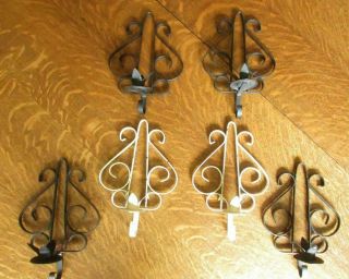 (2) Vintage Mid - Century Black Or Cream Wrought Iron Wall Candle Holders Sconces