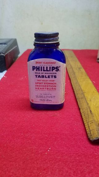 Vintage Phillips Milk Of Magnesia Flavoerd Cobalt Blue Glass Bottle Label