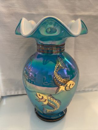 Fenton Iridescent Turquoise Overlay Vase Hand Painted Fish & Seahorses 22kt Gold