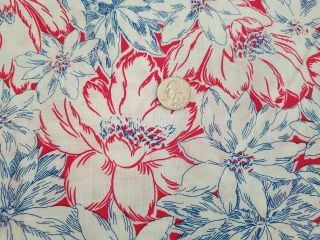 Vintage Red White Blue Floral Fabric Cotton Blend 2.  5 Yards
