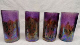 Vintage Signed Iridescent Studio Art (4) Glass Tumbler Vase Art Nouveau 5 3/4 "