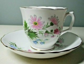 Staffordshire Fine Bone China " Wild Flowers " Footed Cup & Saucer Set Gold Trim