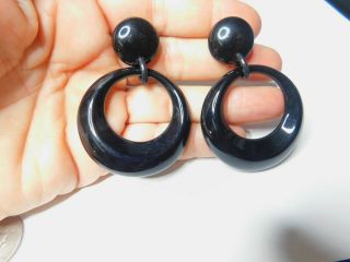Large Black Plastic Hoop Dangle Pierced Earrings Vintage