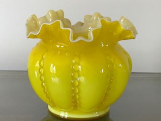 Rare? Fenton Large Golden Yellow Overlay Beaded Melon Rose Bowl 5 1/8” Tall