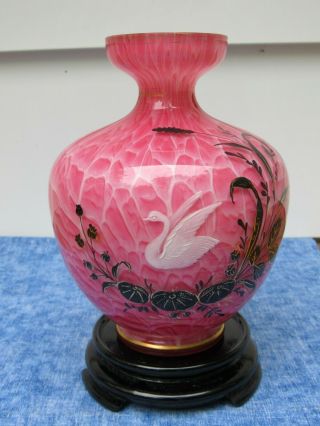 Fenton Pink Vase on Black Base w/Hand Painted Swan 2