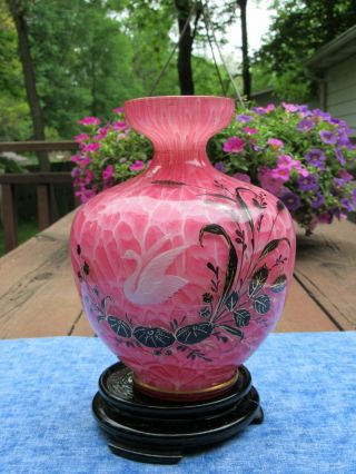Fenton Pink Vase on Black Base w/Hand Painted Swan 3