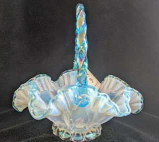 Large 10 " Fenton French Opalescent Carnival Basket W Blue Aqua Crest And Handle