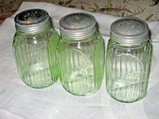 3 Green Depression Hocking Glass Hoosier Ribbed Salt Pepper & Spice Jars W/lids