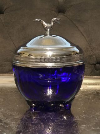 Rare Cobalt Blue Moondrops 3 Toed Powder Jar W/ Chrome Lid (martinsville)