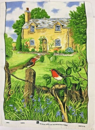Vintage Robin Linen Tea Towel Kitchen Royal Society For The Protection Of Birds