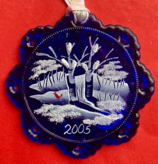 Fenton Canaan Valley Cobalt Blue With Red Cardinal Christmas Ornament Gorgeous