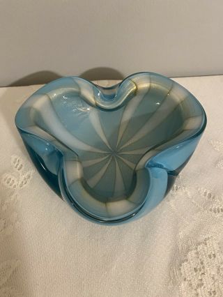 Alfredo Barbini Murano White Blue Gold Swirl Italian Art Glass Midcentury Bowl