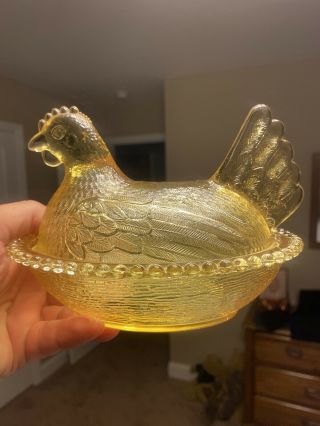Yellow Topaz Indiana Glass Hen On Nest 7”