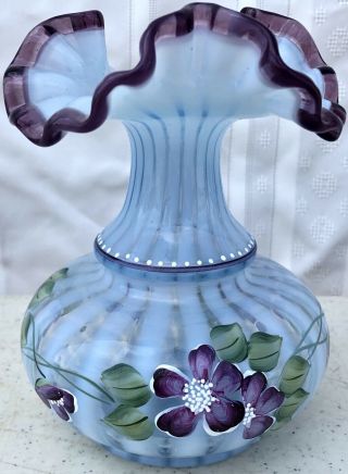 Fenton Spiral Optic Hand Painted Signed Vase - Purple Crest