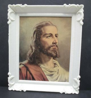 Vintage Head Of Jesus Christ By Peter V Bianchi In White Plastic Frame 50s 60s