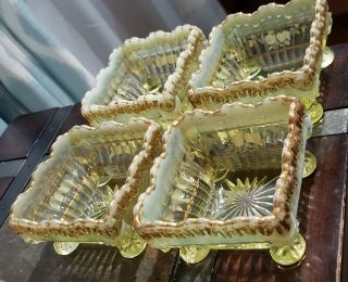 Set Of 4 Eapg Northwood Glass Vaseline Opalescent Decorated Alaska Bowls