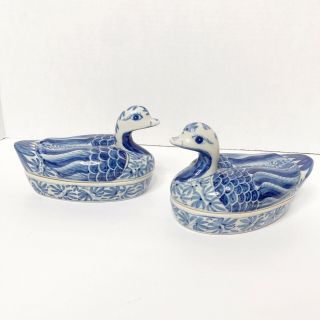 Set Of 2 Chinese Pottery Duck Dishes Blue And White Floral Hand Painted
