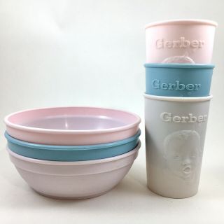 Vintage Gerber Baby Food (3) Bowls And (3) Cups—pink & Blue Gender Reveal Party