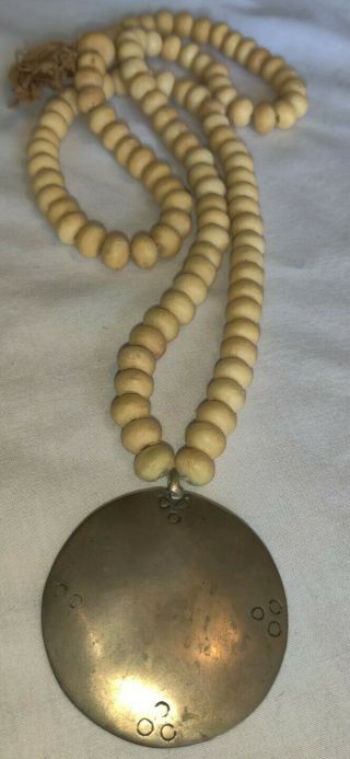 Vintage Hand Carved Bovine Bone Round Bead Necklace 34” Long With Metal Disc