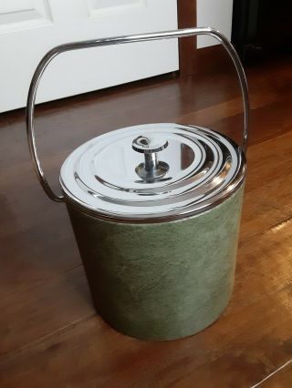 Vintage 1960s Dark Green Faux Leather Ice Bucket Silver Lid