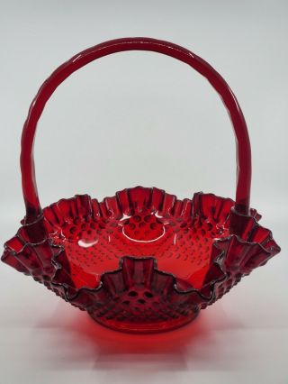Vintage Fenton Ruby Red Hobnail Glass Basket With Ruby Red Handle
