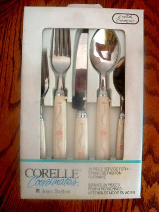 Nos 20 - Pc Corelle English Breakfast Stainless Flatware Set Pink Blue Sandstone