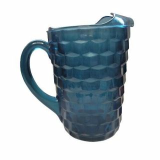 Rare Vintage Indiana Glass Pitcher Riviera Blue Turquoise Whitehall Colony Cube