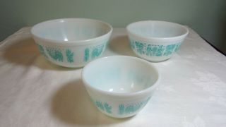 Vintage Pyrex Amish Butterprint Turquoise On White 3 Mixing Bowl 401 402 403