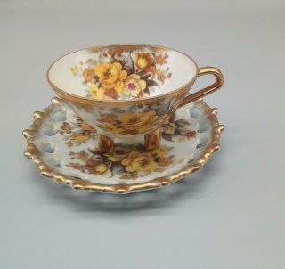 Vintage Napco Hand Painted 3 Footed Porcelain Tea Cup With Saucer