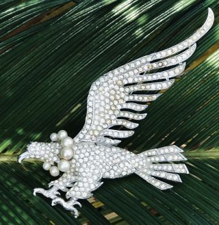 Showstopper Vintage 5” Pave Rhinestone Pearl Phoenix Bird Figural Brooch Pin