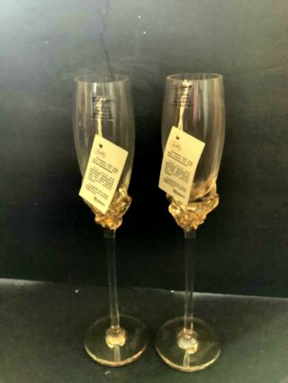 Ion Tamaian Art Glass Clear And Amber Champagne Flutes With Tags