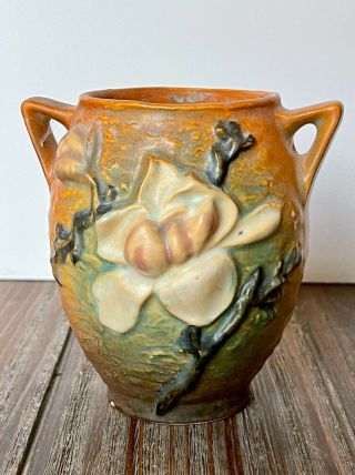 Vintage Roseville Pottery Double Handled Vase W/ Flowers 4.  25 " Brown/tan