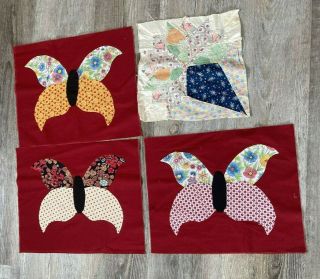 4 Vtg To Antq Butterfly Applique & 1 Other Pieced Quilt Blocks Old Fabric
